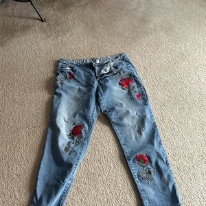 Vintage America Blue Jeans with Red Floral Embroidery